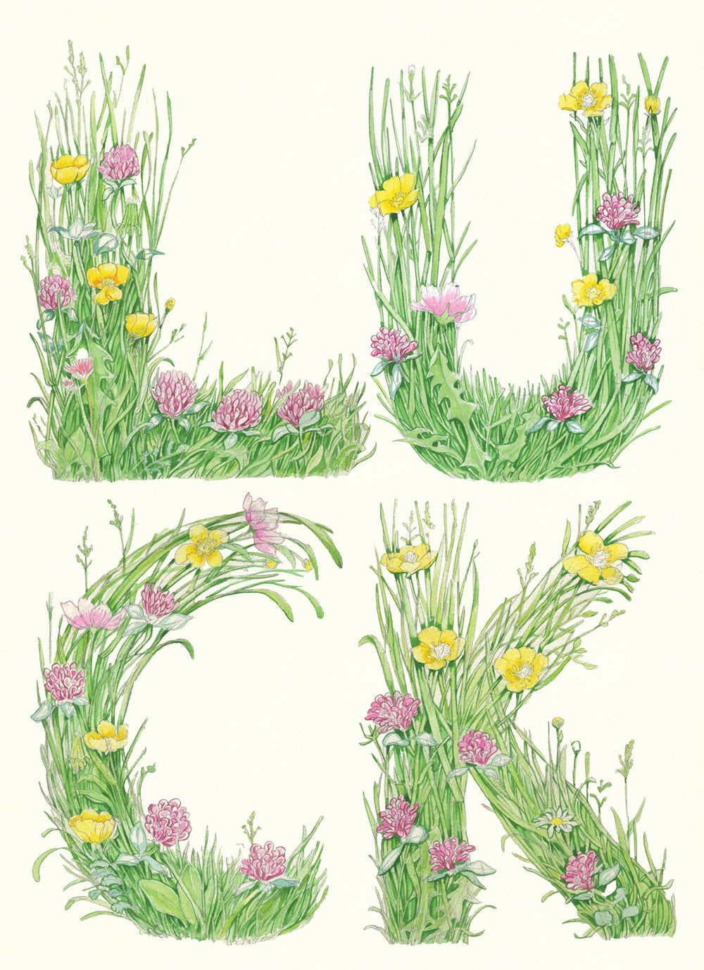 Decorative letters 'LUCK made of grass and flowers on a white background