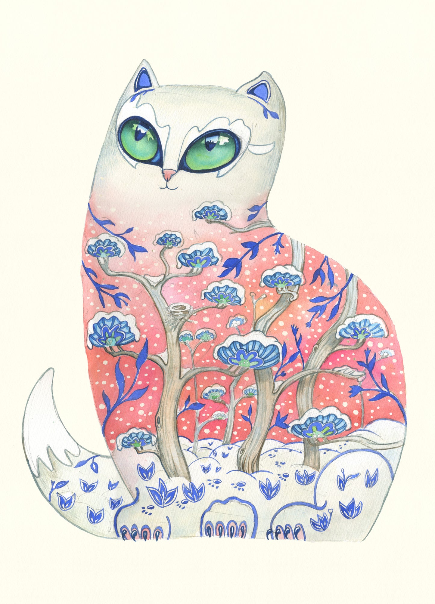 Illustration of a cat with snow and floral patterns on a white background