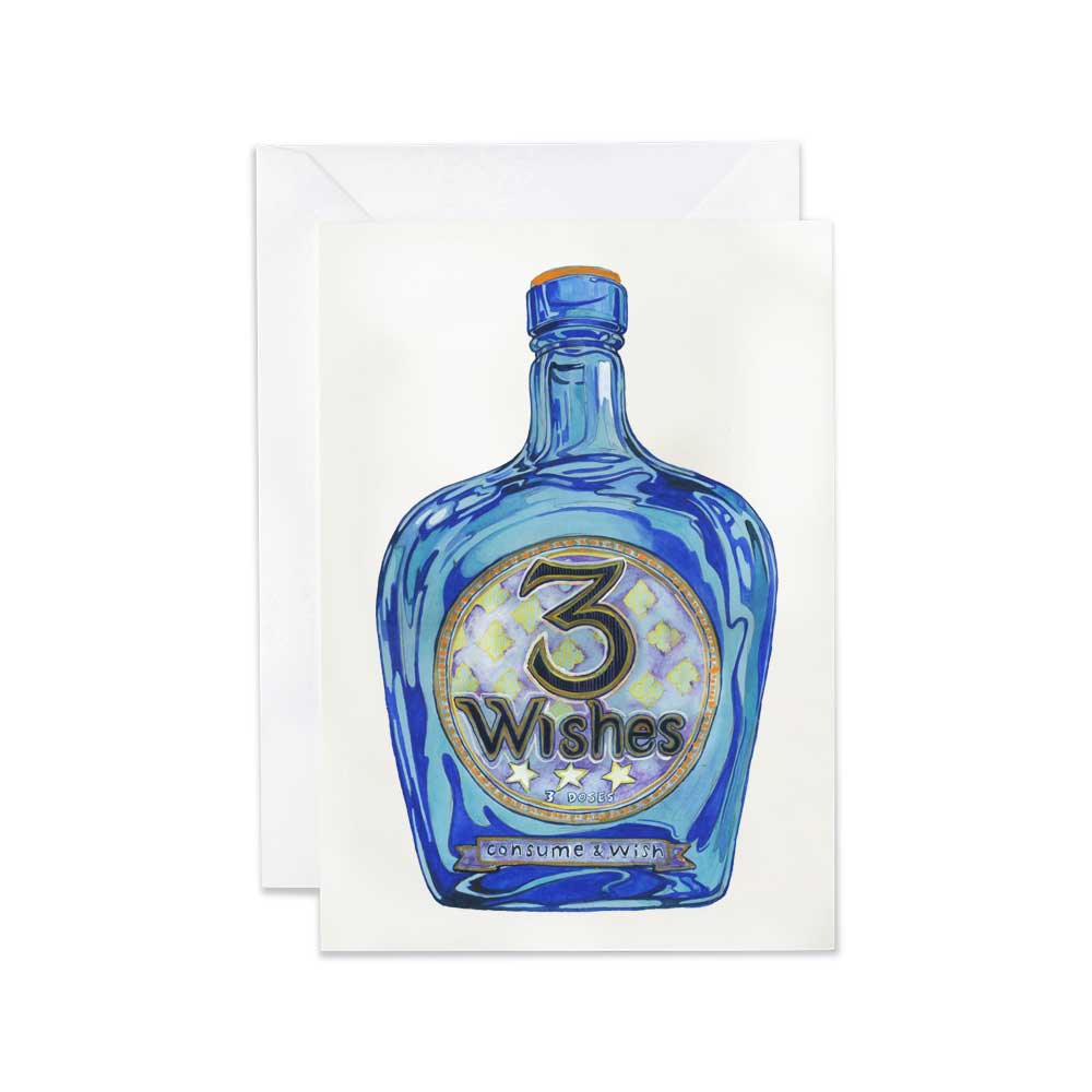 Greeting card with a blue bottle design featuring '3 Wishes' on a white background