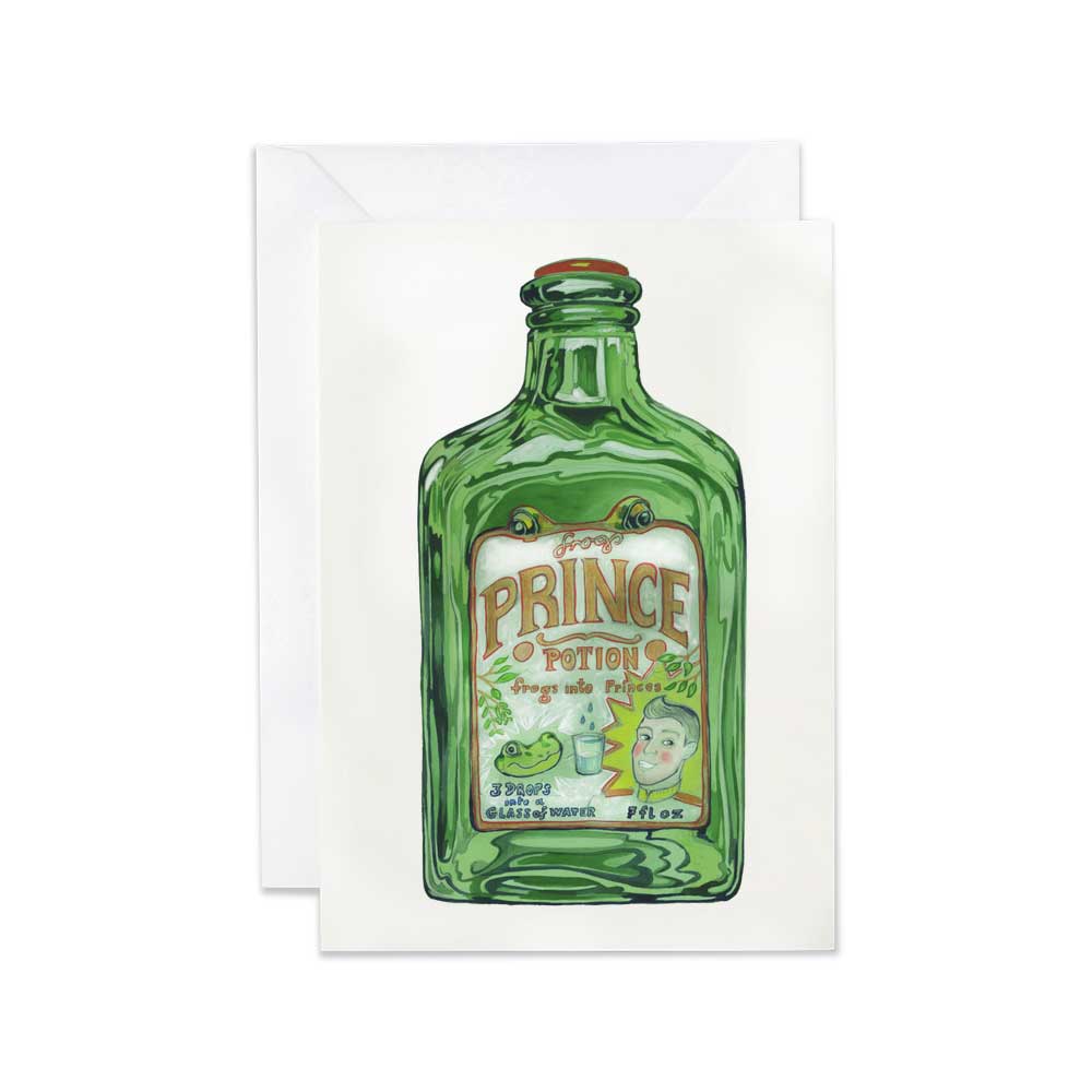 Greeting card with a green bottle labeled 'prince potion frogs into princes' on a white background