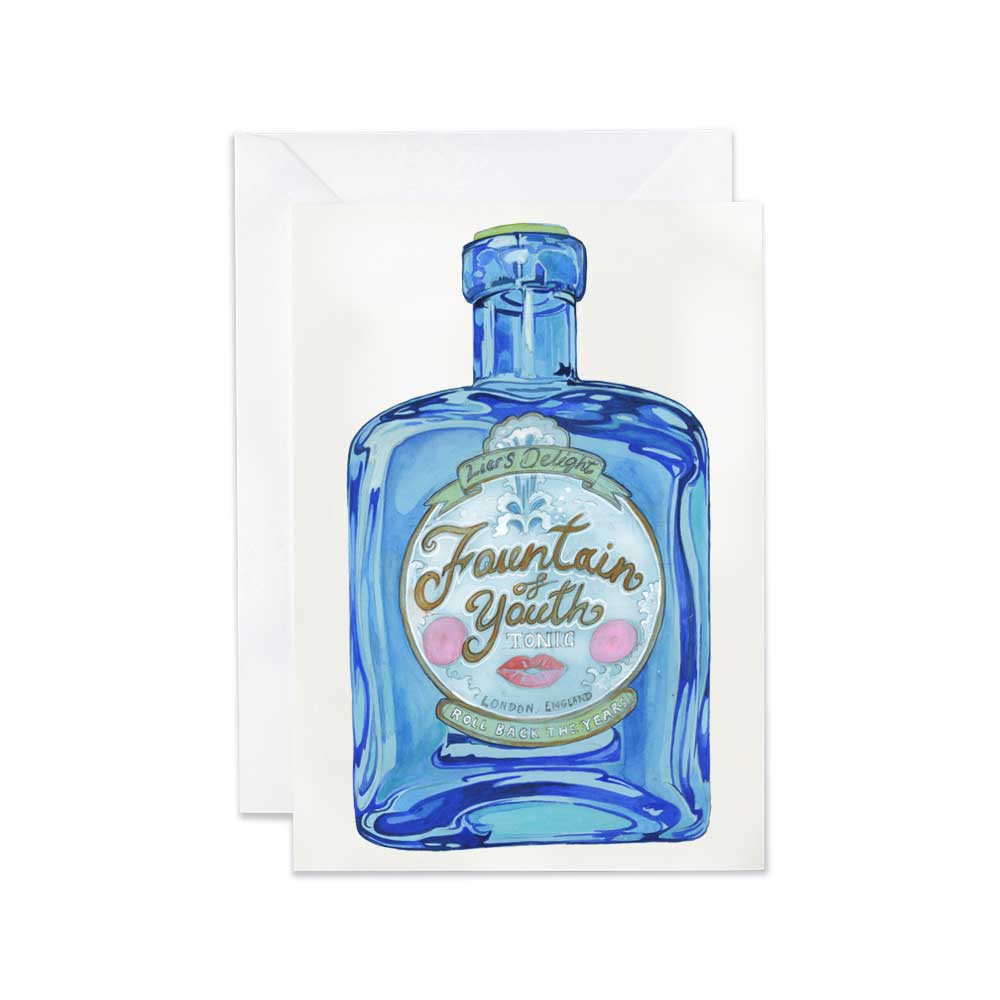 Greeting card -Fountain of youth - Tonic Vintage Blue bottle design on a textured surface.