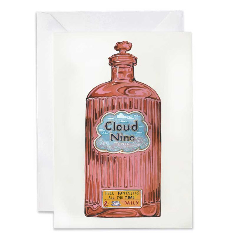 Greeting card with a bottle design featuring 'Cloud Nine' on a white background