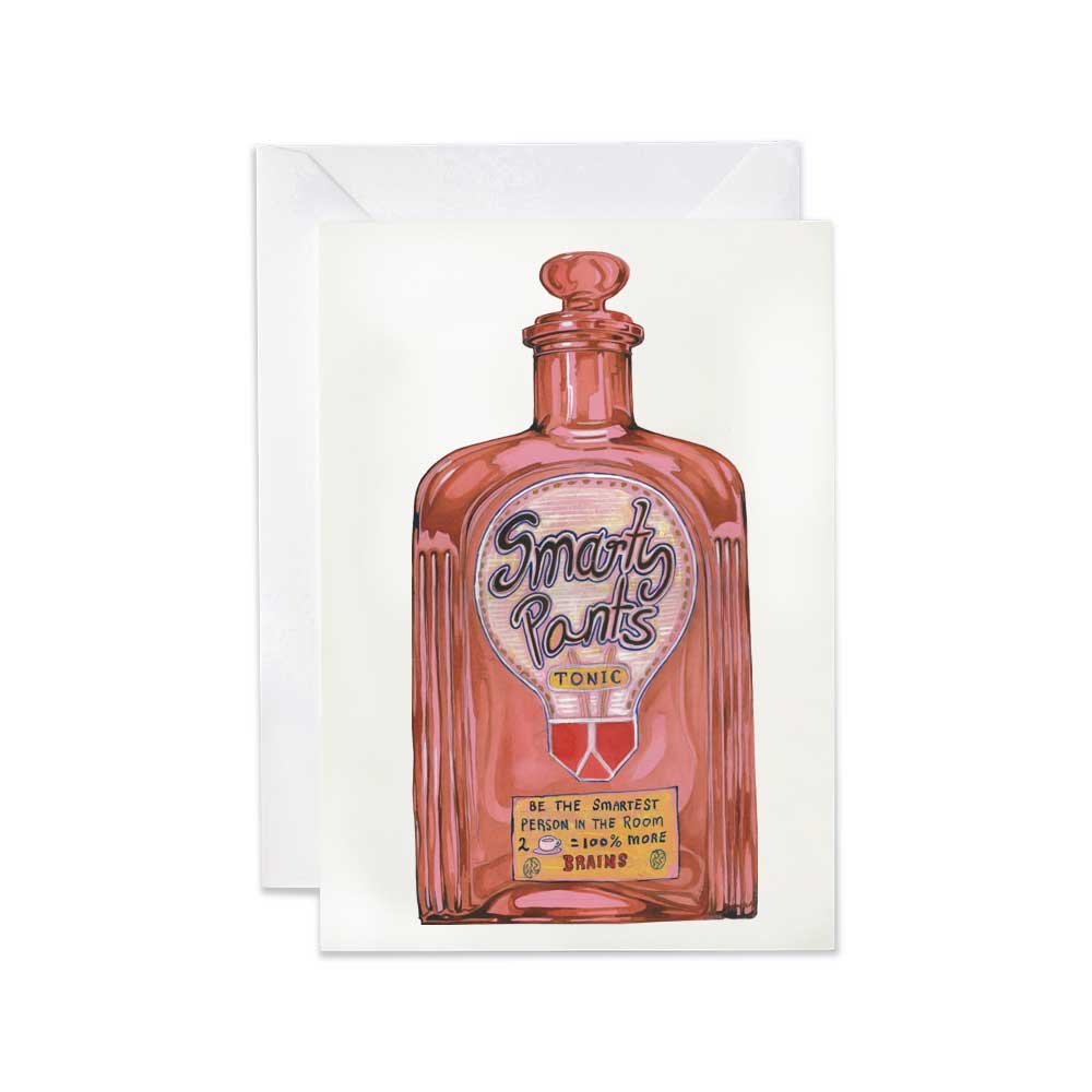 Greeting card -Smarty Pants Potion be the smartest person in the room! bottle of 'Smart Pants Tonic' on a white background