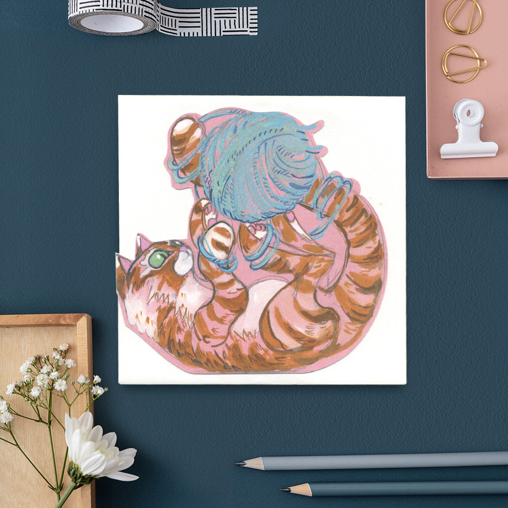 Cat with a ball of string die cut greetings card