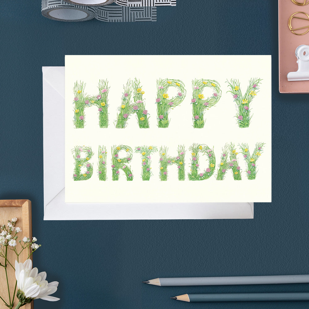Happy Birthday - letters made out of meadow grass - Greetings Card