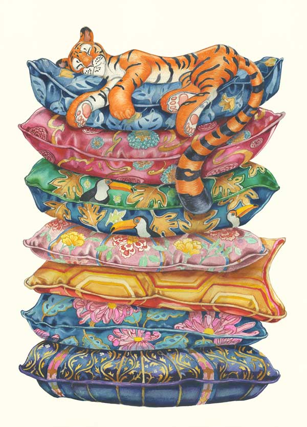 Tiger asleep on a pile of Cushions - Card