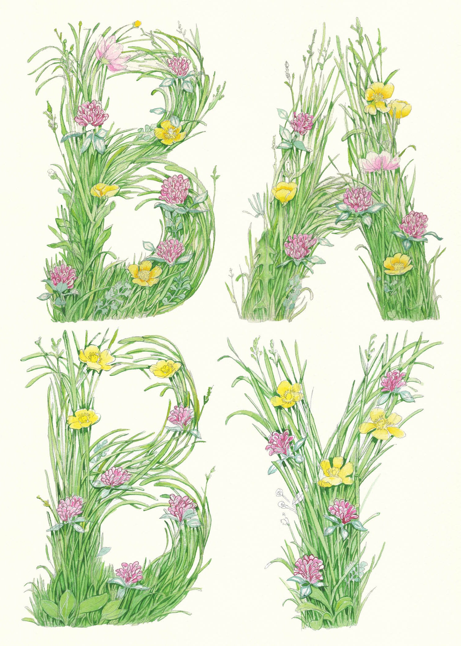 Decorative letters 'BABY' made of grass and flowers on a white background