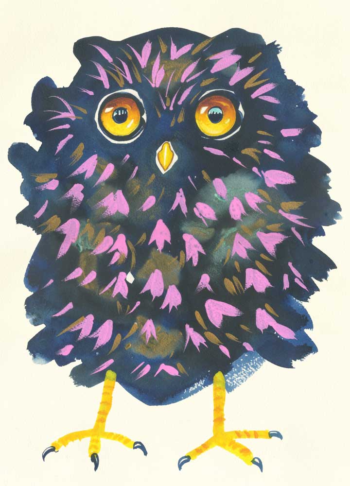 Colorful owl illustration with purple and yellow accents on a light background