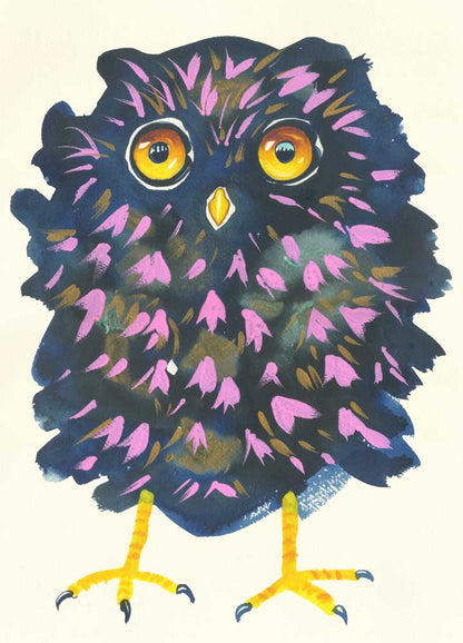 Colorful owl illustration with purple and yellow accents on a light background