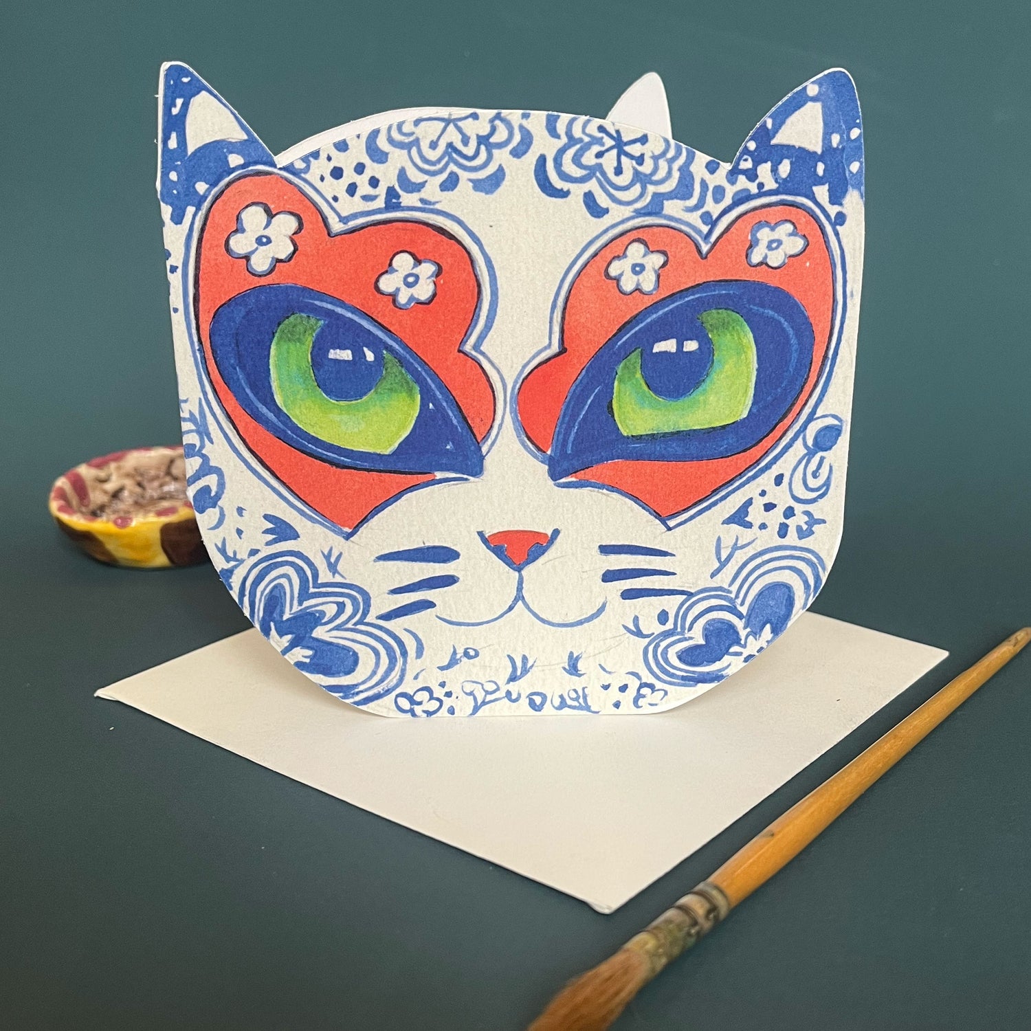cat face die cut greetings card