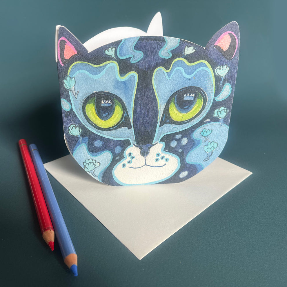 Prussian Blue Cat Face - Die Cut Card – The DM Collection