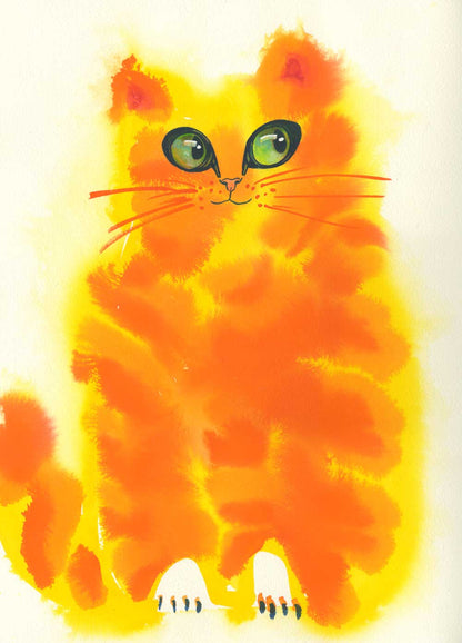 Painting of a stylized Ginger cat with green eyes on a white background
