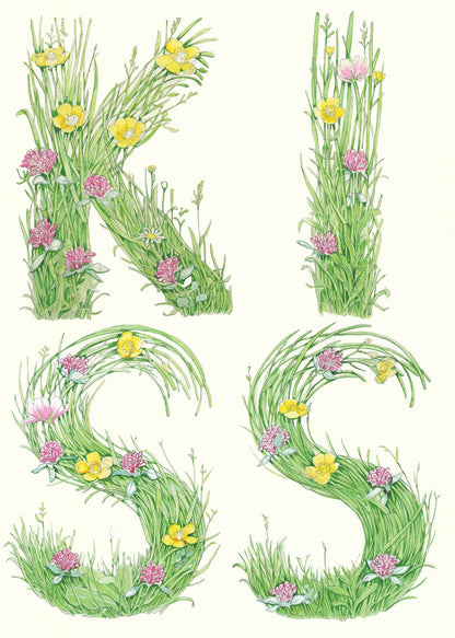 Kiss - letters made out of meadow grass - Greetings Card