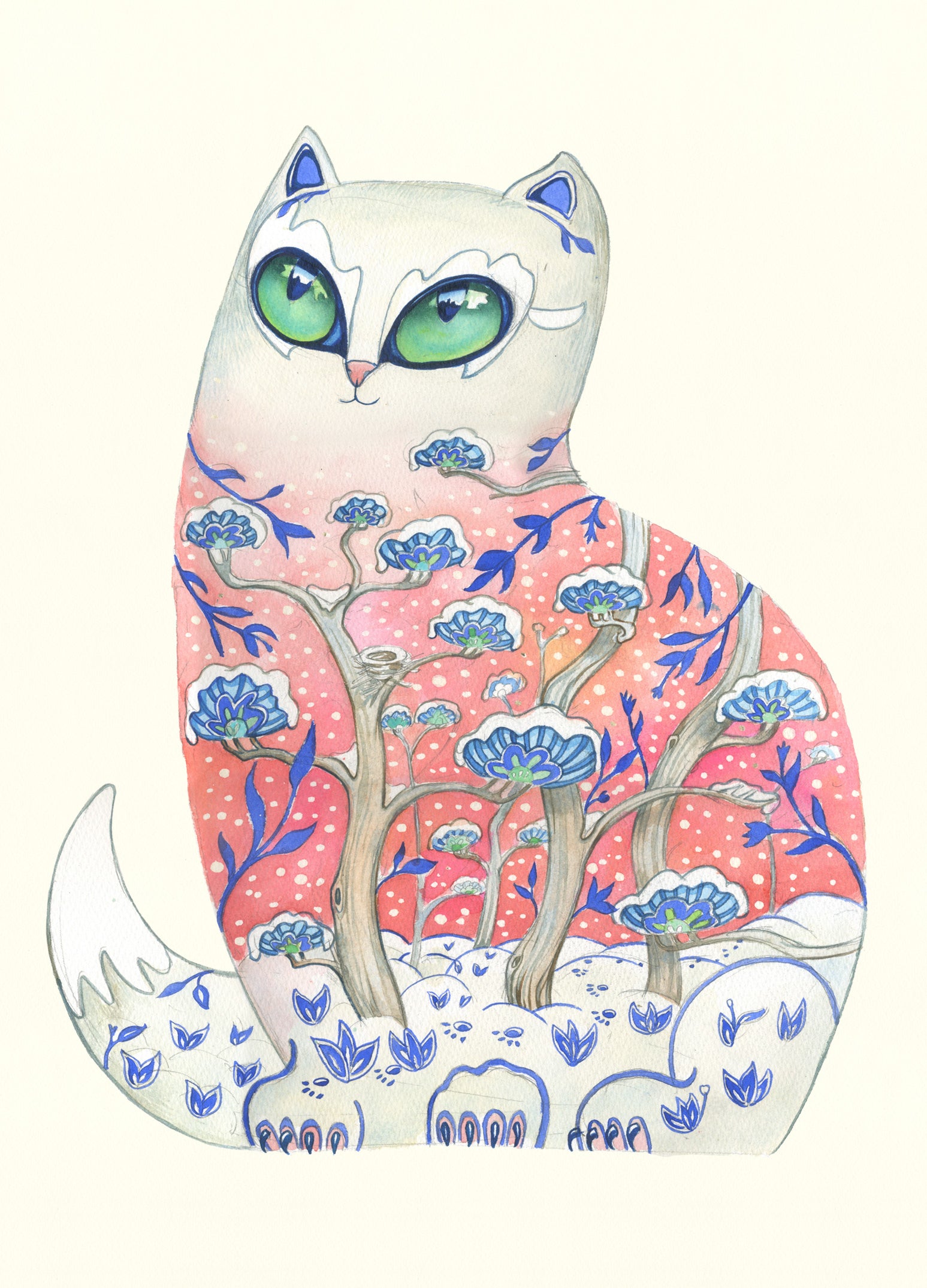 Illustration of a cat with snow  and floral patterns on a white background