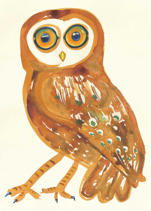 loose watercolour illustration of an tawny owl with large eyes on a light backgroud- Greetings card