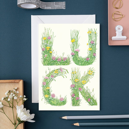 Luck- letters made out of meadow grass - Greetings Card