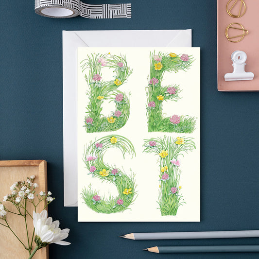 Best - letters made out of meadow grass - Greetings Card