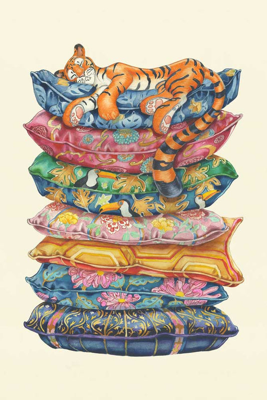 Tiger asleep on a pile of Cushions - Print