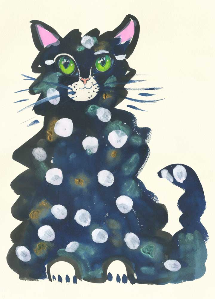 Illustration of a black cat with white spots on a light background