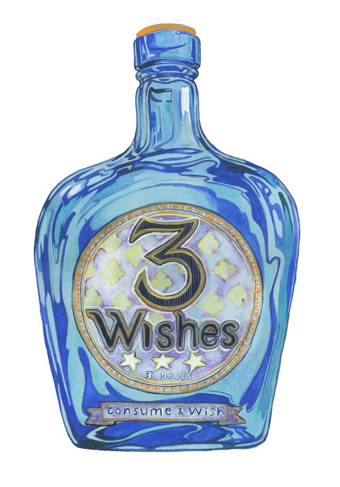 Blue vintage bottle labeled '3 Wishes' on a white background