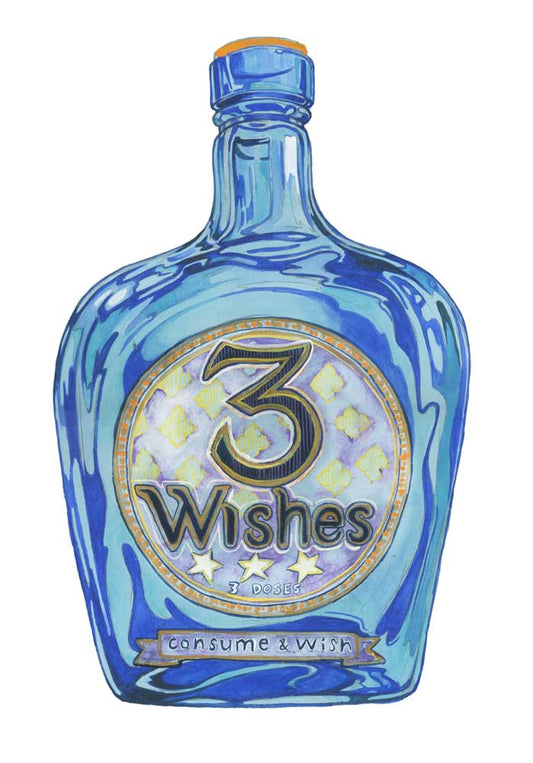Blue vintage bottle labeled '3 Wishes' on a white background