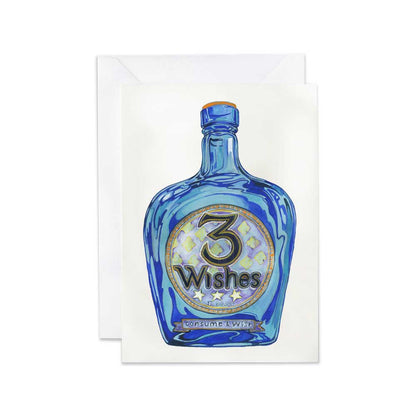 Greeting card with a blue bottle design featuring '3 Wishes' on a white background