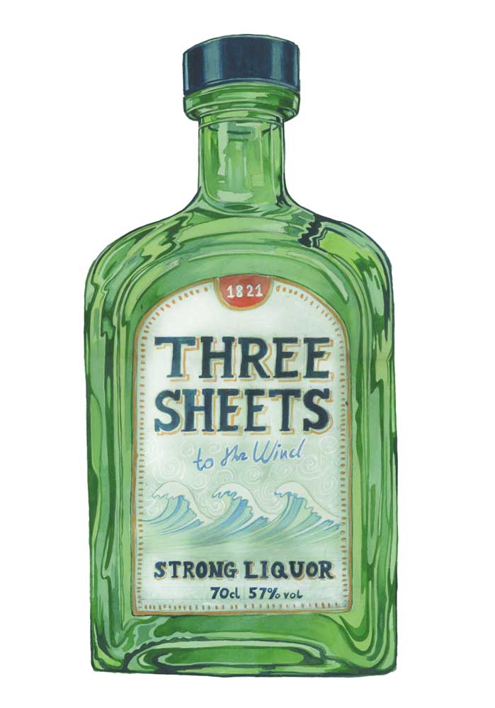 greetings card Green bottle of 'Three Sheets to the Wind' strong liquor on a white background