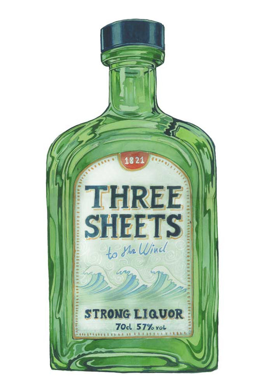 greetings card Green bottle of 'Three Sheets to the Wind' strong liquor on a white background