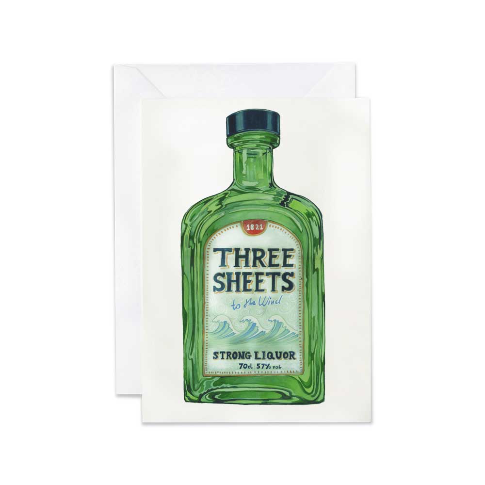 Greeting card with a green bottle design labeled 'Three Sheets' on a white background
