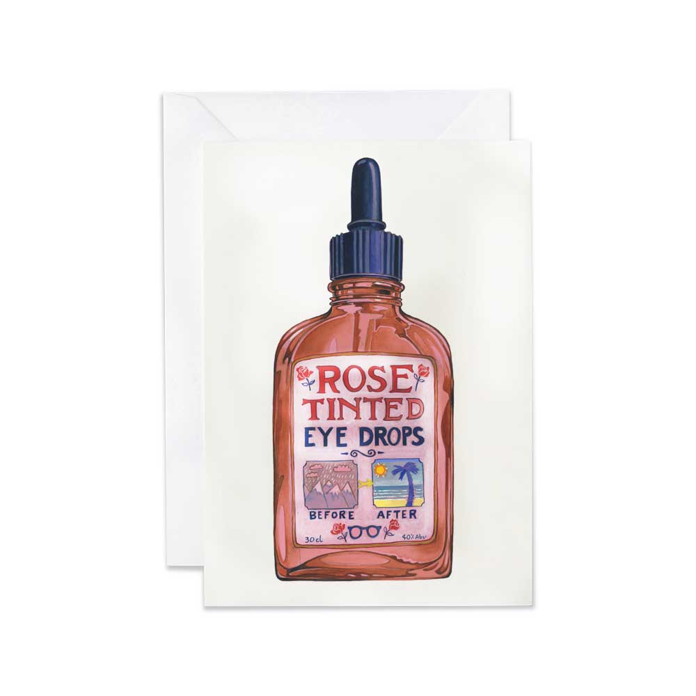 Greeting card with a bottle of 'Rose Tinted Eye Drops' on a white background