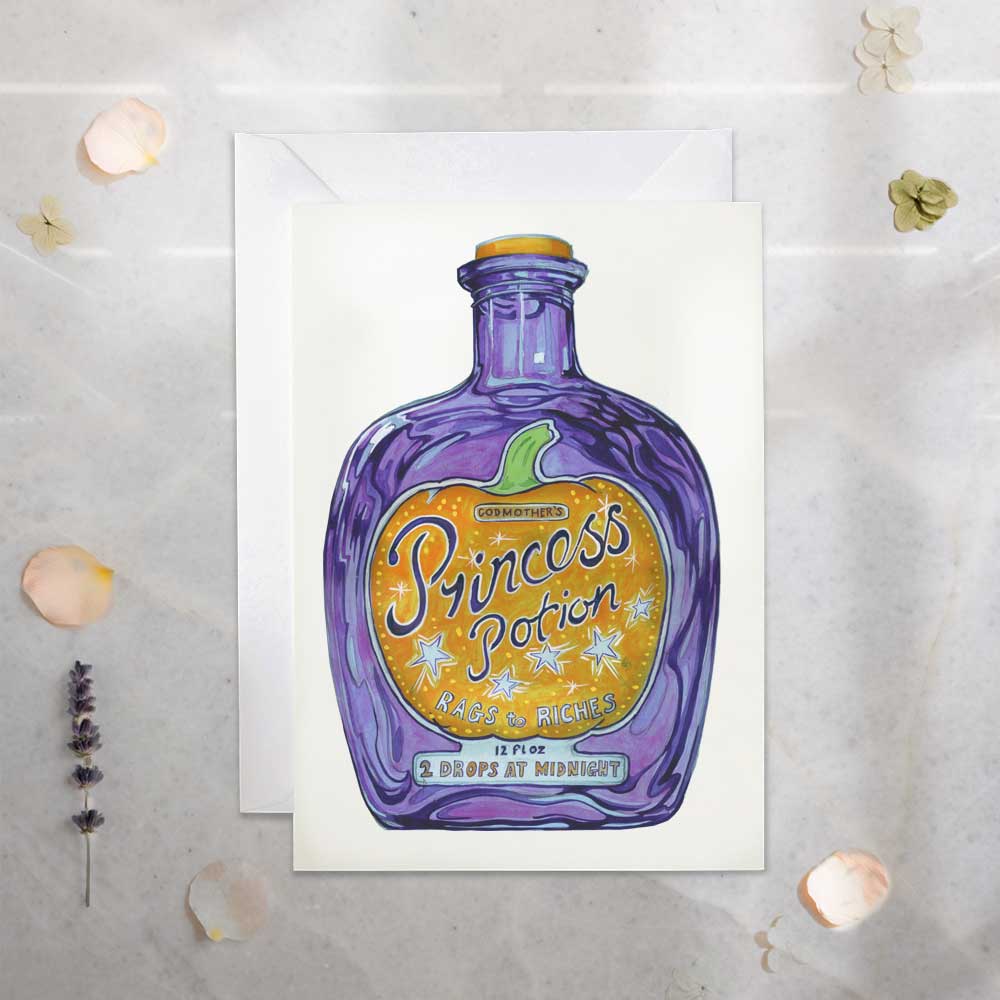 Greeting card with a purple potion bottle labeled ' Princess-potion - rag to riches take two drops at midnight' design on a textured surface.