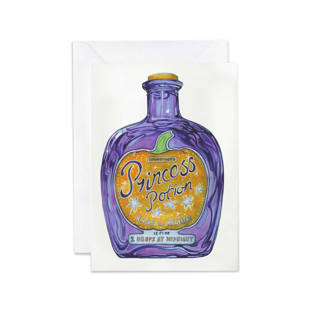 Greeting card with a purple potion bottle design on a white background