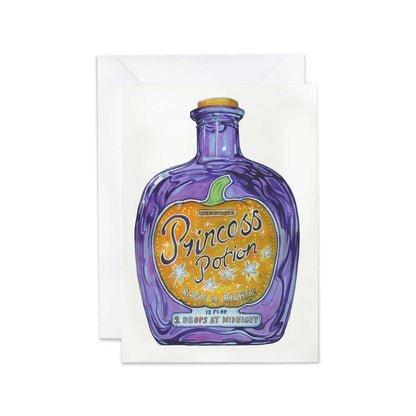 Greeting card with a purple potion bottle design on a white background