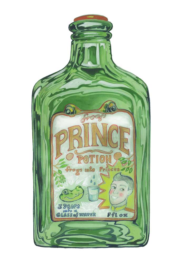 Vintage Green bottle with 'Prince Potion- frogs into princes' label on a white card against a whire background.