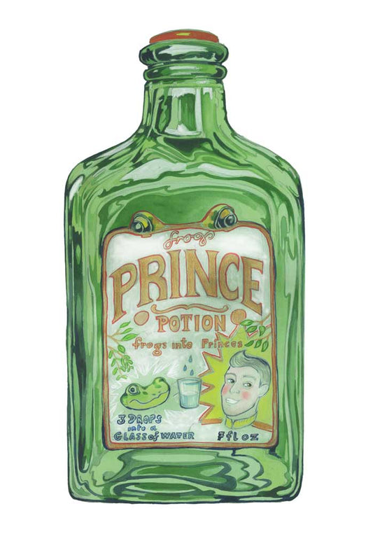 Vintage Green bottle with 'Prince Potion- frogs into princes' label on a white card against a whire background.