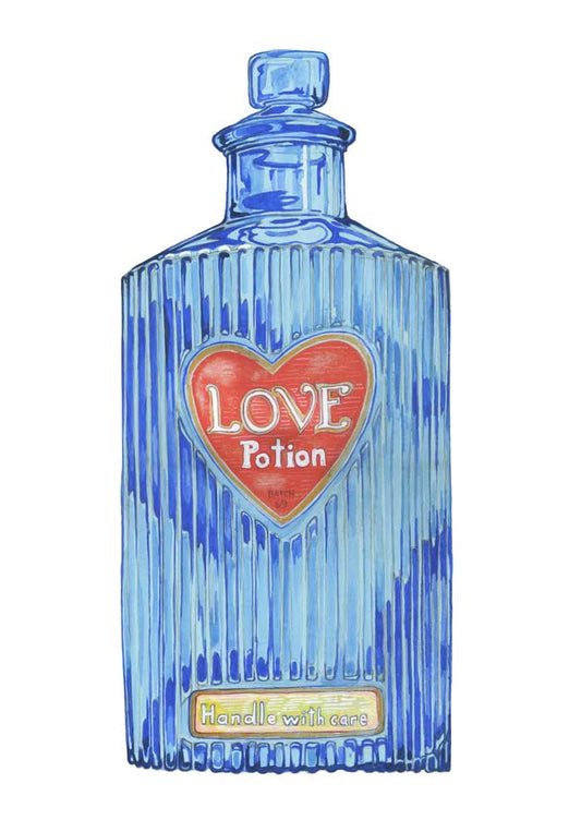 Blue potion bottle with a red heart labeled 'Love Potion' on a white background