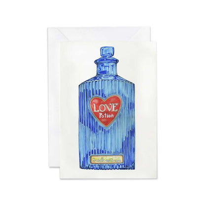 Greeting card with a blue potion bottle labeled 'Love Potion' on a white background