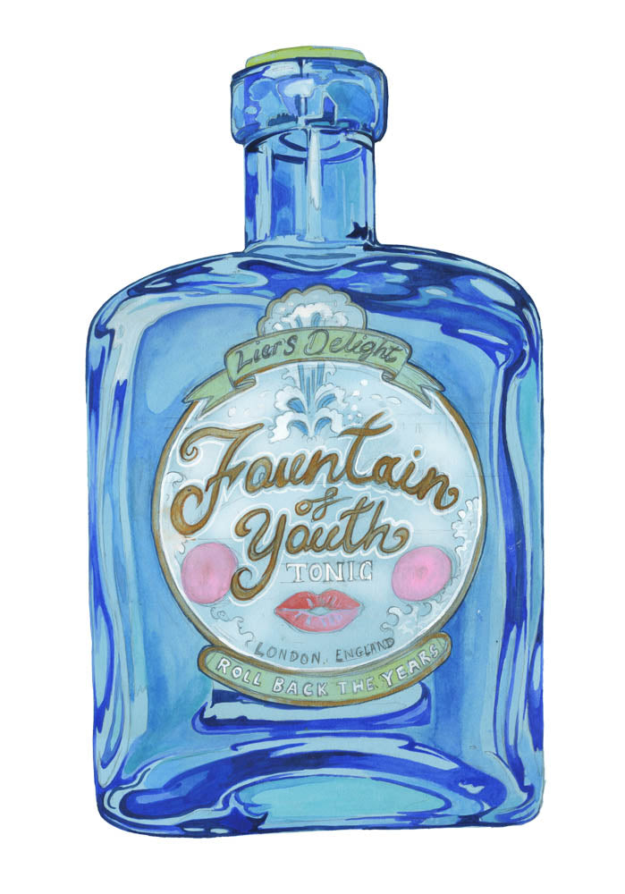 Greetings card Blue bottle of 'Fountain of Youth' liquor on a white background