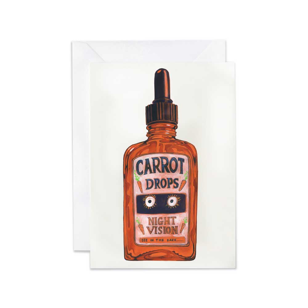 Greeting card with a bottle of 'Carrot Drops Night Vision' on a white background