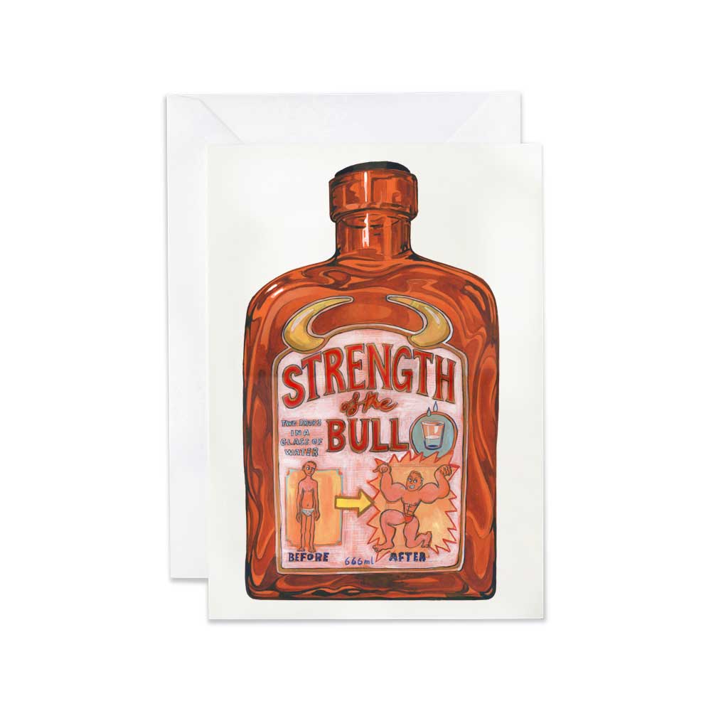 Greeting card with a bottle of 'Strength of the Bull' on a white background