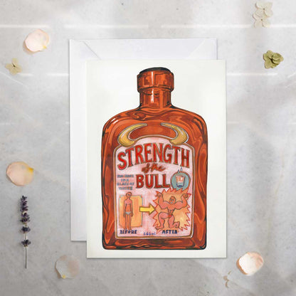 Illustration of a bottle labeled 'Strength of the Bull' on a textured surface with decorative elements.
