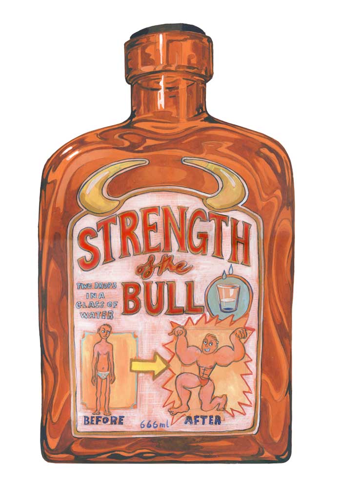 Bottle labeled 'Strength of the Bull' with humorous graphics on a white background