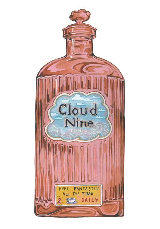 Bottle of Cloud Nine Tonic with decorative label on a white background