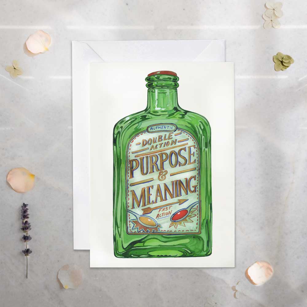 Green bottle with a label on a textured surface