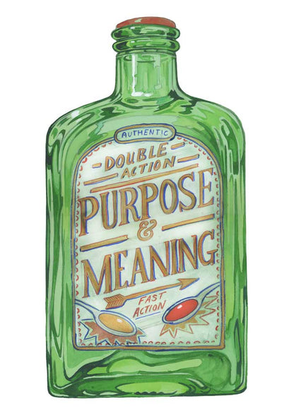 Green bottle with a label reading 'Purpose & Meaning' on a white background