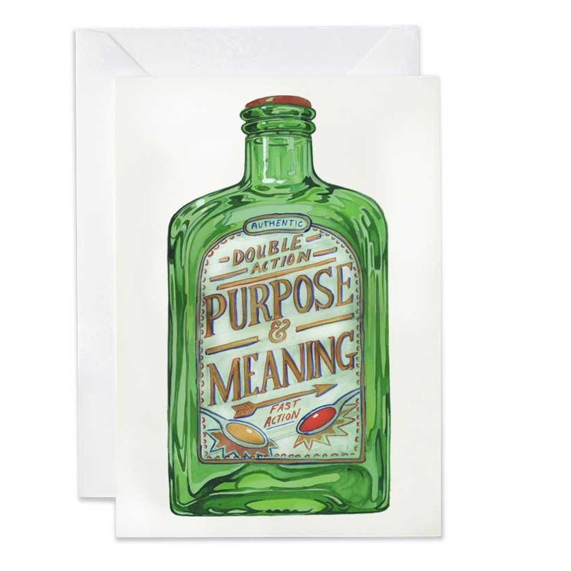 Greeting card with a green bottle design and 'Purpose & Meaning' text on a white background