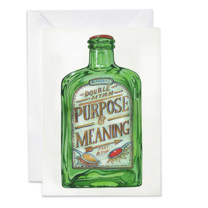Greeting card with a green bottle design and 'Purpose & Meaning' text on a white background