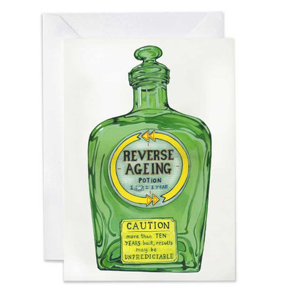 Greeting card with a green potion bottle illustration labeled 'Reverse Ageing' on a white background.