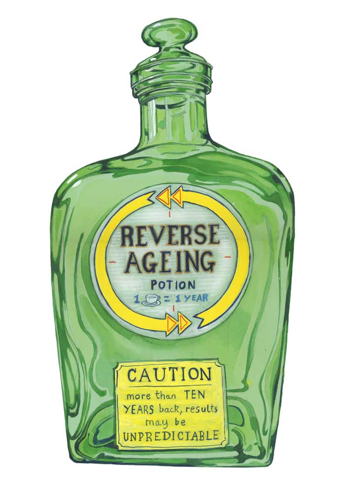 Green potion bottle labeled 'Reverse Ageing Potion' with a caution label on a white background
