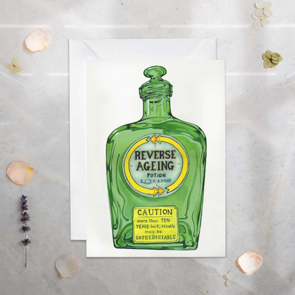 Green potion bottle labeled 'Reverse Ageing Potion' on a textured surface with decorative elements.